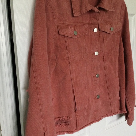Denim Jacket NEW Large Raw Hemline Coral Salmon in Color - Picture 6 of 16